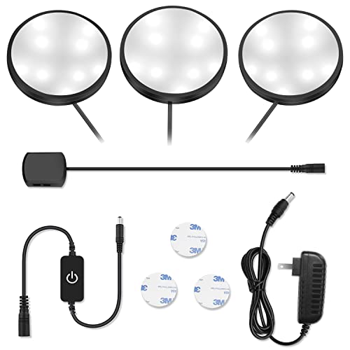 YGS-Tech LED Under Cabinet Lighting Kit, 1020 Lumens LED Puck Light, 5000K Daylight White, CRI90+, Touch Dimming, Black Trim All Accessories Included, for Kitchen, Closet Lights, Safe Light, 3-Pack