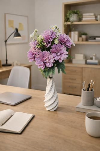 Image of Premium Combo Artificial Lavender Purple Dahlia Flower Bouquet with Designer Ceramic Vase | Snowflake Fabric Real Touch Flowers | Luxury Home Decor for Living Room Bedroom Office Table(ND-20)