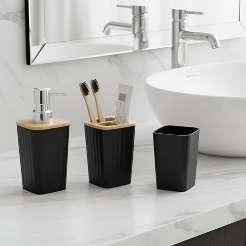 Image of iBELL 6-Piece Bathroom Accessories Set - Soap Dispenser, Toothbrush Holder, Mouthwash Cup, Toilet Brush with Holder, Dustbin and Soap Dish, Black Textured Finish IBL 06-B6