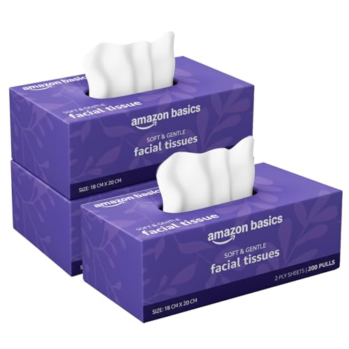 Image of Amazon brand- Amazon Basics 2-Ply Facial Tissue paper 600 pulls | 200 pulls x Pack of 3| Soft & Gentle| Chemical-Free