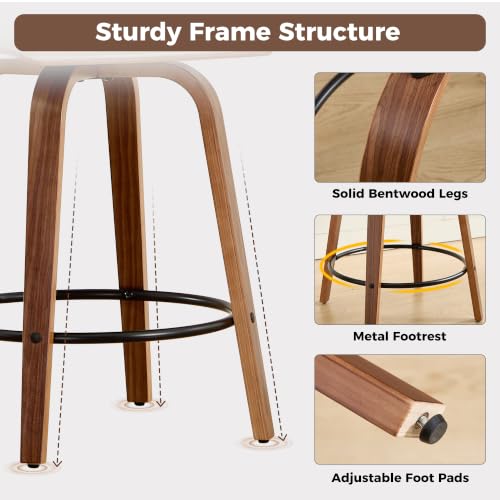 Image of Swivel Bar Stools Set of 4,26 inch Faux Leather Counter Height Barstools with Back,Mid Century Modern Upholstered Bar Chairs with Bentwood Legs Island Stools for Kitchen Counter Beige