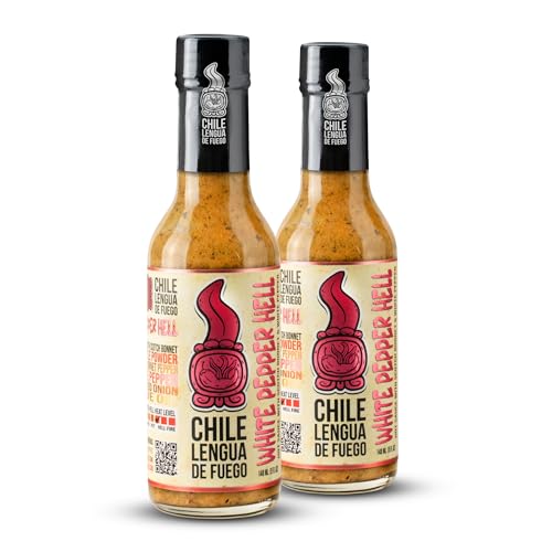 Image of Chile Lengua de Fuego White Pepper Hell - Scotch Bonnet & White Pepper Hot Sauce, Smoky Herbal Gourmet Heat, 5 oz Bottle (Pack of 2)