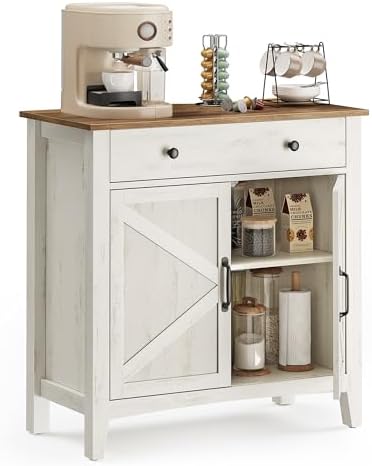 VASAGLE LIRY Collection - Buffet Cabinet, Coffee Bar Cabinet with a Drawer, Adjustable Shelf, Sideboard Storage with Cable Hole, Drawer Divider, Rustic White and Honey Brown UBBK341W01
