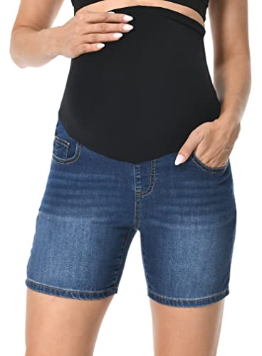 V Vocni Maternity Denim Shorts Over The Belly Rolled Cuff Midrise Bermuda Short Pregnancy Jean Shorts50-Dark Blue X-Large #TOP1