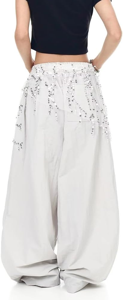 Women's Vintage Causal Sparkly Sequin Fart Curtain Elastic High Wasited Wide Leg Pants