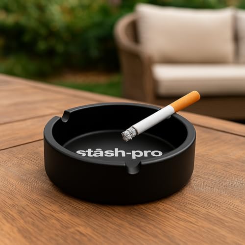 Image of Stash-Pro Heavy-Duty Metal Ashtray for Cigarettes & Cigars - Matte Black Finish with 3 Rests | Durable, Windproof Design for Indoor & Outdoor Use