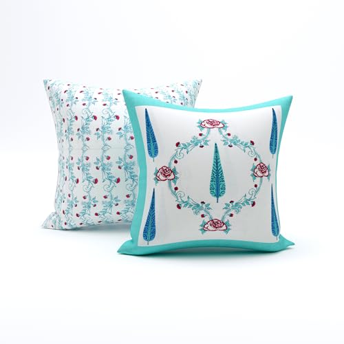 Image of BLOCKS OF INDIA 200TC Diwan Set Cotton 8 Piece | Deewan Printed Bedsheet Sets for Living Room Hall (Set of 8 Piece, 1-Bed Sheet | 2-Bolster Cover | 5-Cushion Cover (Turquoise Patti)