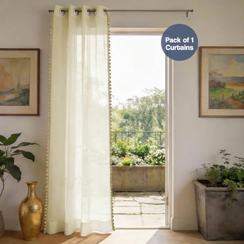 Image of Urban Space Sheer Solid Curtain for Door, 35-40% Room Darkening Curtain with Tieback and Eyelet Hanging Style, Set of 1 Decorative Curtains for Home Decor (Buttercream with pom pom, Door-8ft)