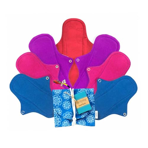Eco Femme Reusable Cloth Pads Full Kit, 8 Pads with Travel Pouch, Vibrant Organic Cotton, Multiple Absorbency Levels for Your Whole Cycle