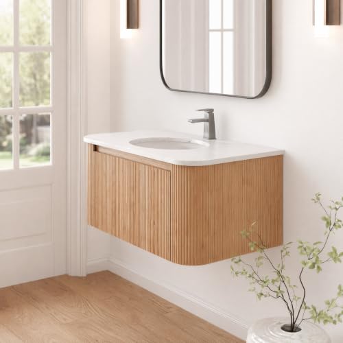 Image of 36 Inch Wall Mounted Bathroom Vanity with Ceramic Sink, Pre-Assembled Floating Vanity Cabinet with Cararra Artificial Countertop, Wave Texture Finish & Drawer, Wood