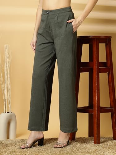 Image of OOMPH! Women's Straight Fit Mid Rise Korean Trousers|Trouser Pants for Women|Elegant Workwear for Office, College & Events|Trousers for Woman