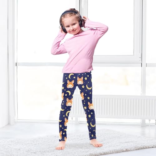 Cute Corgi Moon Stars Girls Leggings Ultra Soft Compression Yoga Gym Pants for Kids 4-10T4