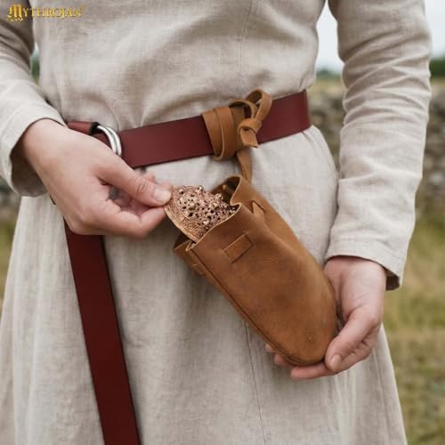 Image of Mythrojan Small Trinket Pouches Suede Leather Drawstring Coin & Dice Bags for LARP, SCA, Viking & Medieval Events (Brown- Single)