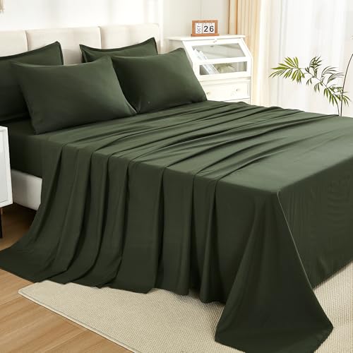 Litanika Dark Olive Green California King Size Comforter Set - 7 Pieces Bed in a Bag Cal King Bedding Comforter Sets, Plain Lightweight Bed Set with Comforter, Sheets, Pillowcases & Shams