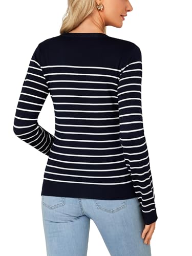 Image of Vrtige Women's Casual Striped Crewneck Long Sleeve Lightweight Ribbed Knit Pullover Sweater Top