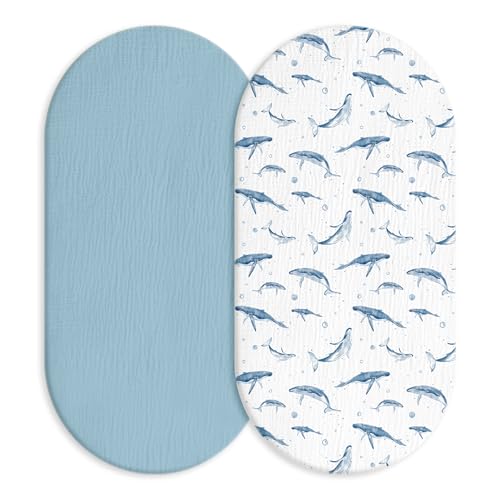 Image of Muslin Bassinet Fitted Sheets 2 Pack, Soft Breathable Cotton Baby Bassinet Mattress Sheet Set, 360 Elastic Snug Fit, Universal for Oval, Rectangle (Blue Whale, Bassinet Sheets 2 Pack)