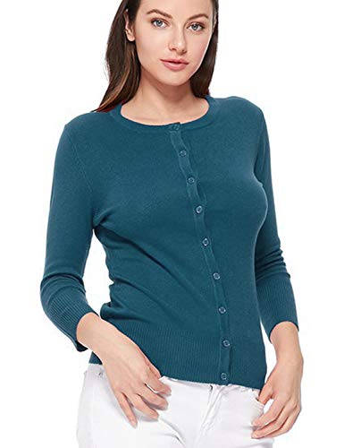 Image of Women's 3 /4 Sleeve Crew Neck Button Down Stretch Knit Cardigan Sweater (S-3XL)