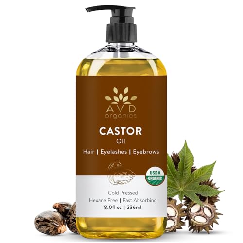 Image of AVD ORGANICS Castor Oil 236 ML 100% Pure USDA Certified Organic Castor Oil for Hair Growth Big Bottle with Pump (8 oz)