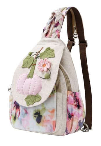 Image of Women's Cotton Hemp Cloth Backpack(Pumpkin) | Boho Vintage, Embroidered, Casual Purse Handbag, Messenger Bag, Butterfly