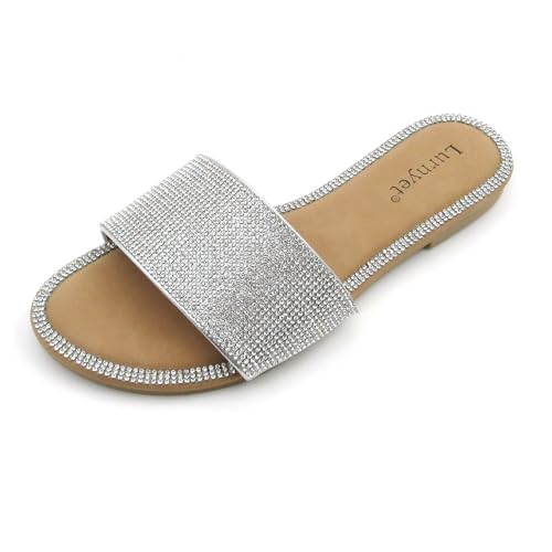 EXEBLUE Women's Glitter Shiny Slide Sandals Fashion Round Toe Slip on Bling Slippers Silver 8