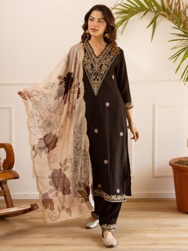 Image of INDO ERA Women's Rayon Viscose Rayon Embroidered Straight Kurta & Salwar with Dupatta Set