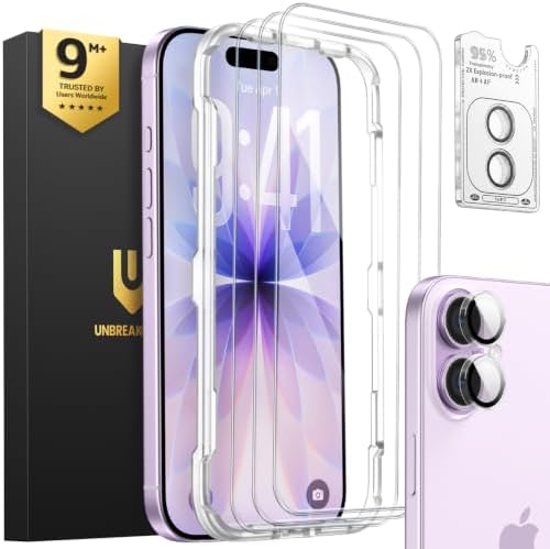 UNBREAKcable iPhone 17 Panzerglas Schutzfolie 3 Stück, Verbessertes Doppelt Gehärtetes Glas + 3 Kamera Schutz, Military-Grade 9H Härte, HD-klar, Anti-Fingerprint, Hüllenfreundlich,
