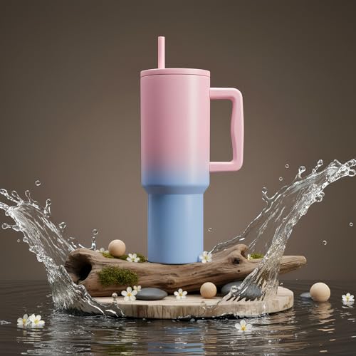 Image of Personalised 1200ml Insulated Stainless Steel Tumbler with Handle and Straw Lid - Large Travel Mug for Coffee & Water, Double Wall Vacuum Cup, Car Cupholder Friendly (Pink Blue)