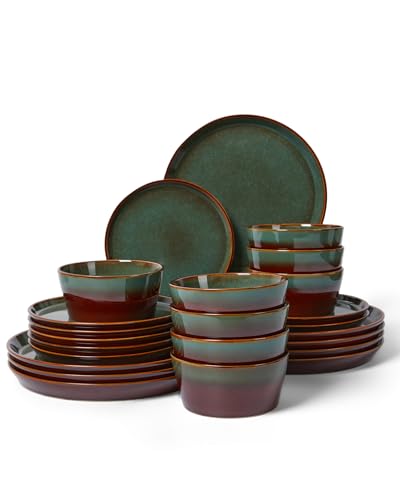 Image of Ceramic Plates and Bowls Sets for 8, 24pcs Dinnerware Sets, Dish Set | Reactive Glaze Stoneware Dishes Set, Microwave & Dishwasher Safe, Scratch Resistant, Easy Cleaning Dishware sets, Brown Green