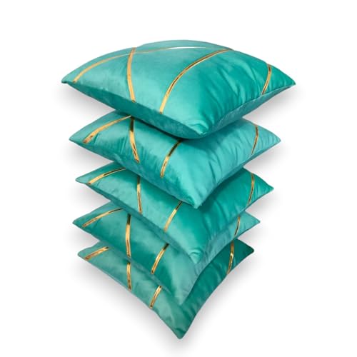 Image of Zikrak Besur Gold Stripe On Velvet|Pack of 5 Cushion Cover|for Home Decoration|Living Room Decor|Hotel Premeuim Qulaity Cushion Cover|Exclusive ON Amazon (Aqua, 22 X 22 INCH(55 X 55 CM))