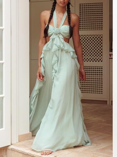 Image of Women Y2k Backless Long Dress Halter Tie Neck Maxi Dress Flowy Beach Sundress Summer Streetwear