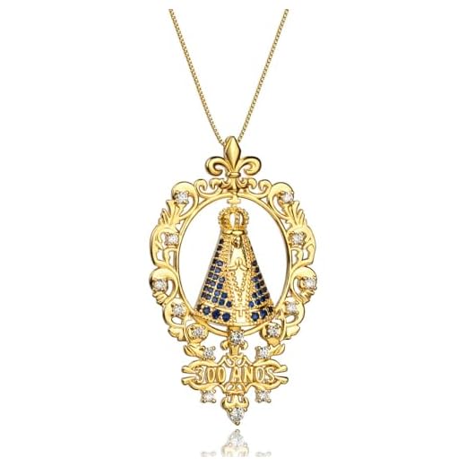 LOMISS COLAR FOLHEADO A OURO 18K NOSSA SENHORA APARECIDA 300 ANOS ZIRCÔNIA CRAVEJADA AZUL