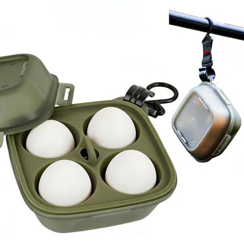 ReignSword 2-in-1 Camping Egg Holder Portable 4 Grid Egg Storage Box with Built-in Silicone Steamer & Outdoor Hook Shockproof Egg Container for Camping Picnic Travel (Military Green)