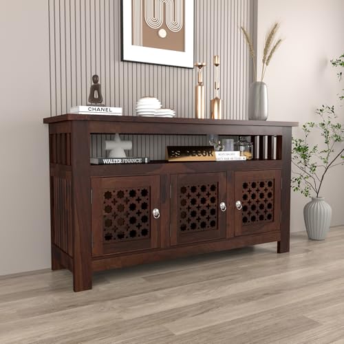 Image of Solid Sheesham Wood TV Unit Cabinet with Carved Doors | Wooden Entertainment Unit for Living Room | Multipurpose Sideboard for TV, Decor & Home Organization (Walnut Finish)