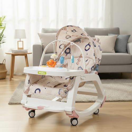 Image of Baybee 5 in 1 Baby Rocker and Feeding Chair for Babies | Portable Rocking Chair for Kids with Parent Handle, Multi Position Recline, Food Tray & Music | Baby Bouncers 0 to 3 Years Boys Girls (Pink)