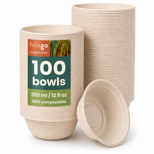 HAAGO 100 Bols Solides Compostables en Canne à Sucre (Bagasse), 350 ml / 12 oz – Bols Jetables Rigides, Anti-Graisse & Anti-Fuites – Pour Soupe, Salade, Dessert,...