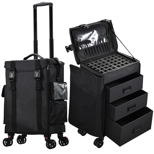Valise Maquillage Roulante 4 en 1 Valise Coiffure Professionnel Malette Maquillage en Tissu Oxford Valise Onglerie Souple avec Roues Trolley Esthetique avec 3...