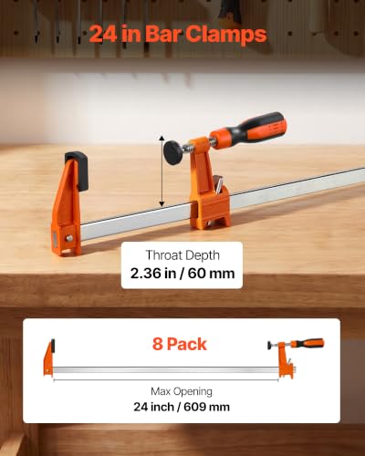 Image of VEVOR Bar Clamps for Woodworking, 8-Pack, 24 inch Opening F Clamps, 600 lbs Load Limit, with Plastic Pad and Self-Locking Design, Premium Cast Iron and Carbon Steel, for Wood Working and Metal Working