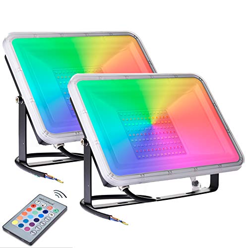 2 x 100W RGB Foco LED con Control Remoto 8000lm,16 Colores & 4 Modos, Foco Proyector Exteriores con Función de Memoria Impermeable IP66 Iluminación del Paisaje Proyector LED para Jardín Fiesta Etapa Cover