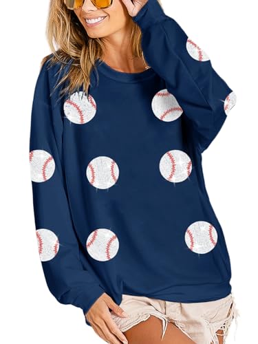 ChiyeeKiss Womens Sparkle Baseball Sequin Sweatshirt French Terry Y2K Crewneck Oversized Shirt Long Sleeve Pullover(0534-NavyBlue-XL)