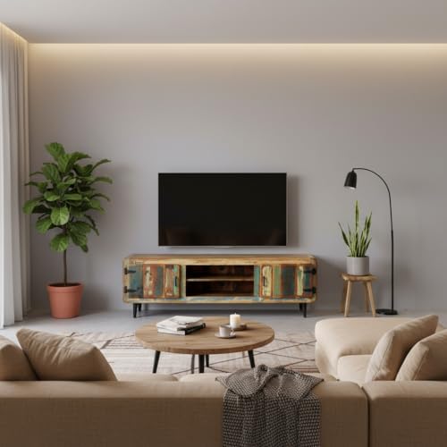 Image of APRODZ Solid Wood Aarhus TV Stand Cabinet for Home | TV Unit for Living Room | Multicolor Finish