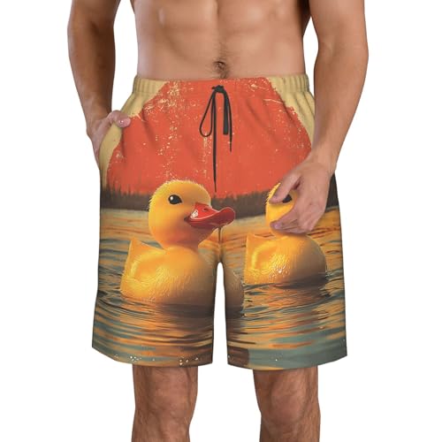 Men's Swim Trunks Quick Dry Beach Board Shorts Bathing Suits - Cute Yellow Rubber Ducks Retro