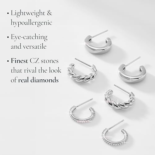 Nadri Hoop Earrings Set of 3 - Plated Earrings for Women, Hoop Earrings for Women Trendy, Lightweight Chunky Open Hoops4