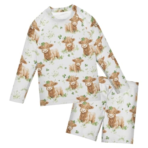 St Patricks Day Highland Cow Clover Baby Boys' Toddler Long Sleeved Rashguard Swim Bathing Suit Set B0403788