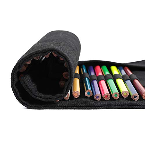 Image of Canvas Roll up Pencil Pen Holder Case, 48 Slots Large Capacity Artist Paint Brushes Organize Pouch (Black)
