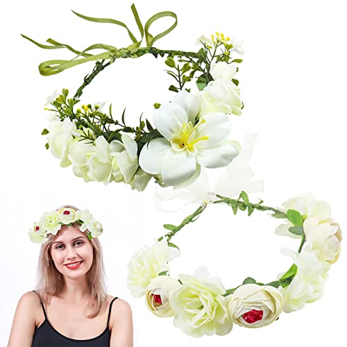 GZjiyu 2 Stück Blumenkranz Haare, Einstellbar Haarkranz Blumen für Damen Hochzeit Zeremonie Festival Kommunion Party Strand, Photo Requisiten (Beige) Cover