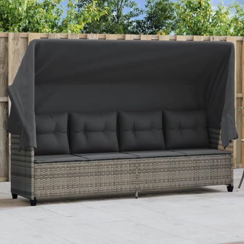 QUAHEAS Sonnenliege mit Dach, Grau Poly Rattan, 204 cm, UV-beständig,...