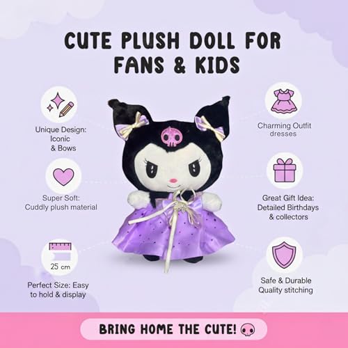 Image of Tickles Cute Anime Doll Soft Stuffed Plush Cartoon Character Toy for Kids Boys & Girls Birthday Gift (Color: Purple & Black Size: 25 cm)
