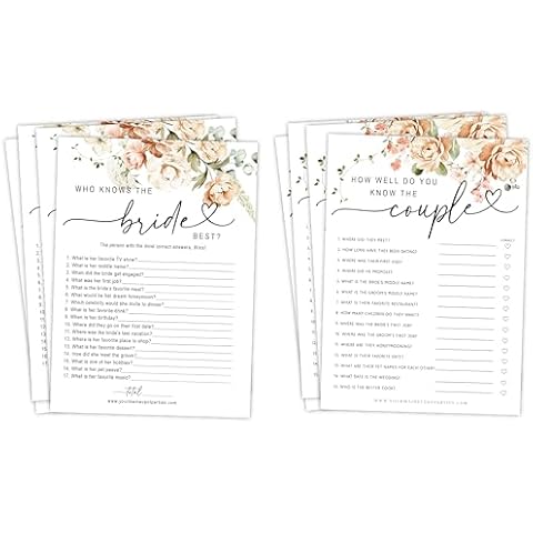 Your Main Event Prints 50 Pack of Bridal Shower Games, How Well Do You Know The Couple and Who Knows The Bride Best, Floral Modern Minimalistic Design. Cover