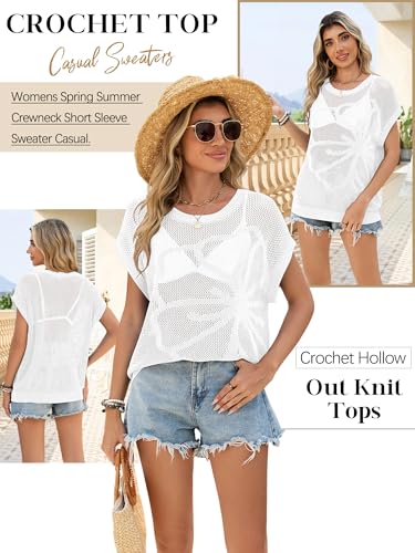 Image of Womens Summer Crochet Tops Hollow Out Cap Sleeve Cover Up Tank Top Pullover Sweater Vest Beach Vacation Clothes