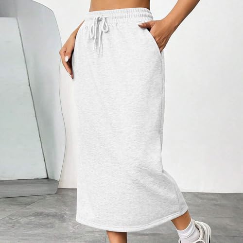 Womens Skirts Fashion Elastic Waist Long Maxi Skirt with Slit Casual A Line Solid Lightweight Dress with Pocket4
